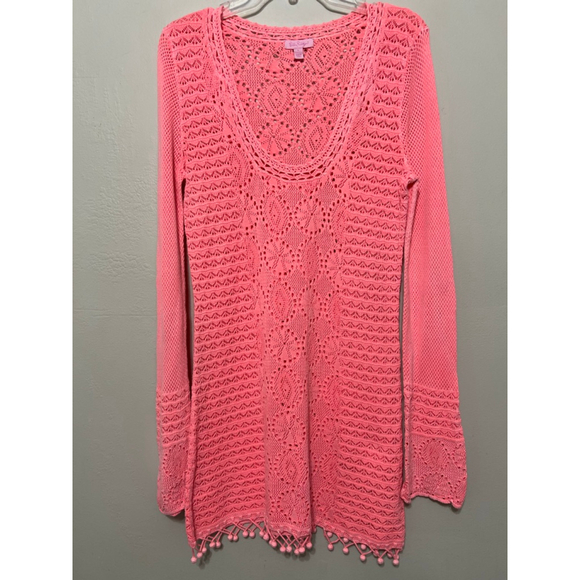 LILLY PULITZER SHEER CROCHET TUNIC SWEATER COVER UP DRESS LAYER BOHO GIRLY LG - Picture 1 of 16